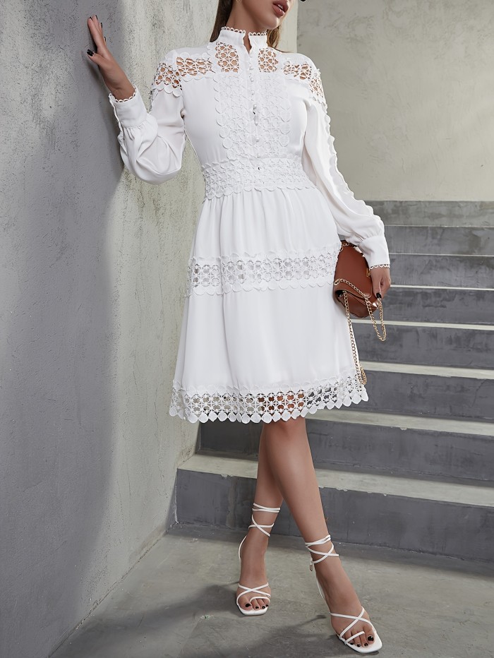 Contrast Lace Button Front Dress, Elegant Long Sleeve Mock Neck Midi Dress, Women's Clothing