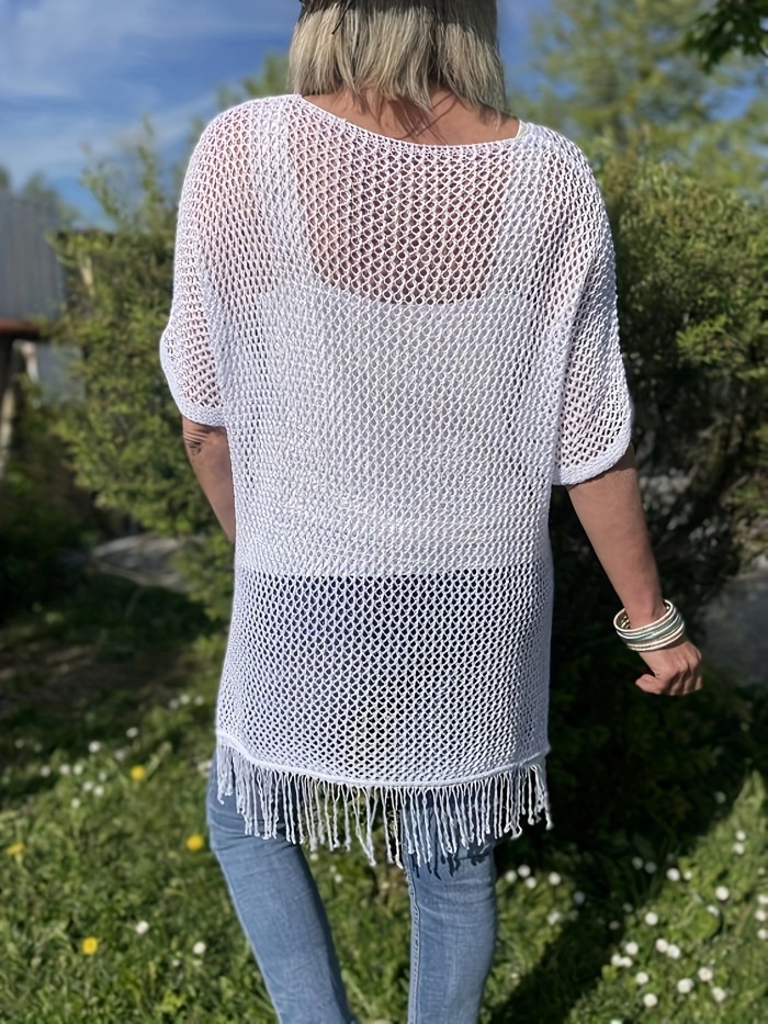 Plus Size Crochet Cover Up Knitted Top, Casual Beach Wear Tassel Trim Short Sleeve Top For Spring & Summer, Women's Plus Size Clothing