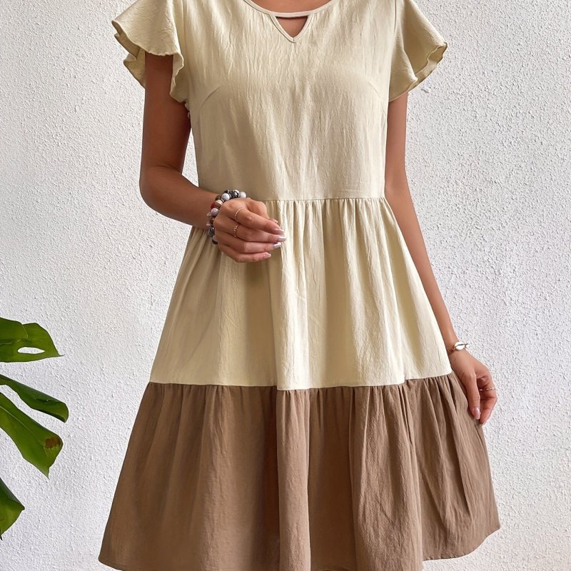 Color Block Keyhole Neck Dress, Casual Ruffle Sleeve Dress For Spring & Summer, Women's Clothing