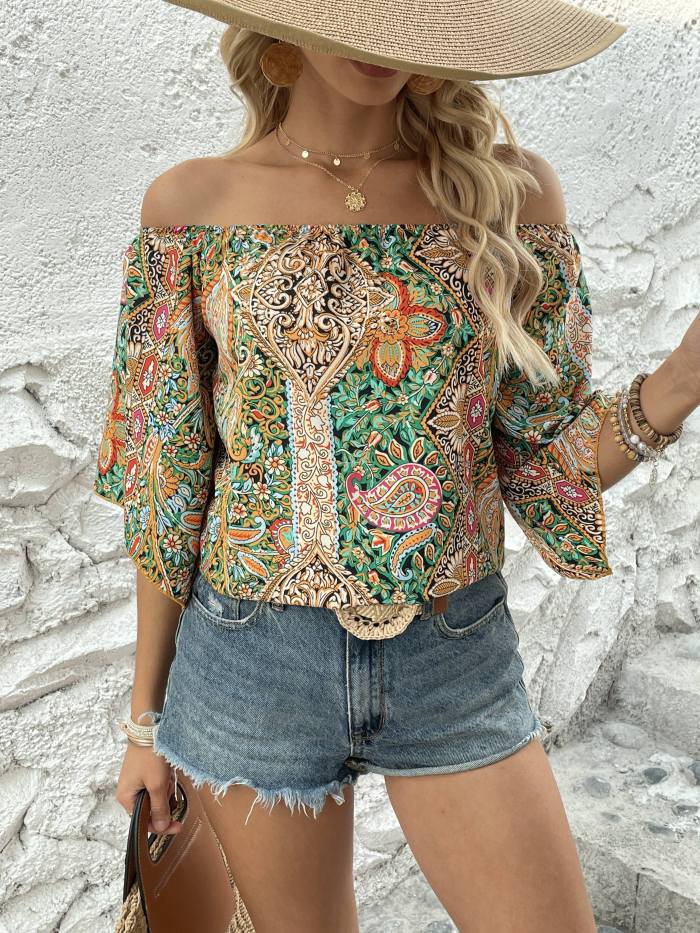 Paisley Print Off Shoulder Blouse, Ethnic Flare Sleeve Blouse For Spring & Summer, Women's Clothing