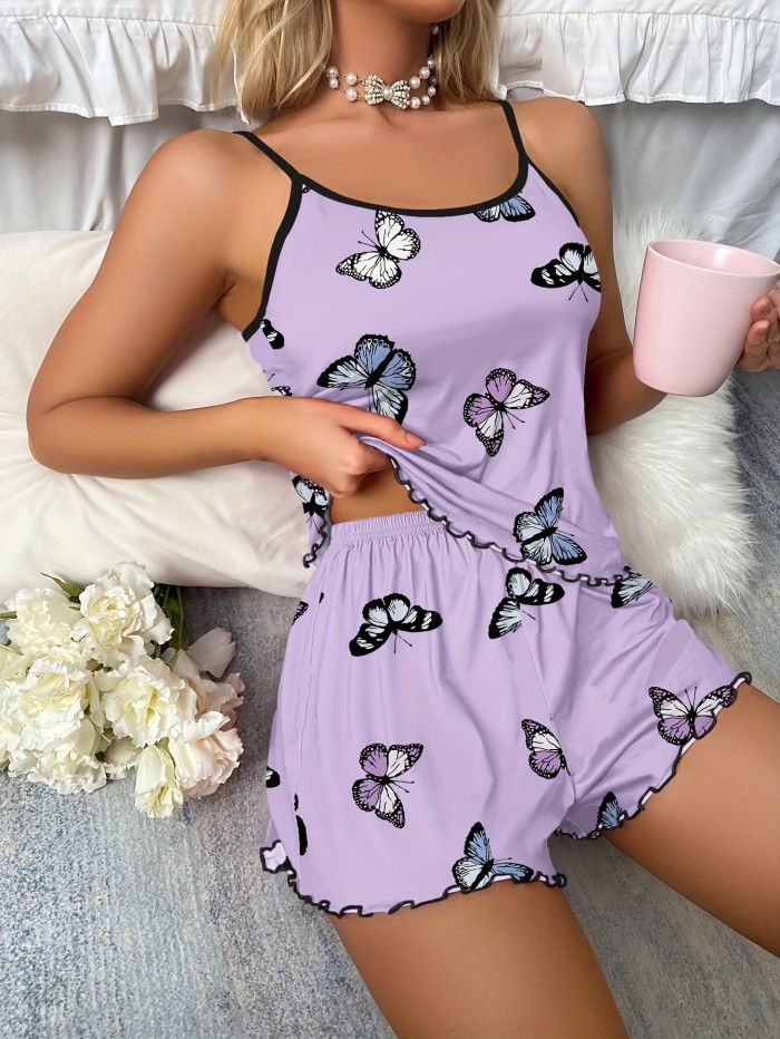 Butterfly Print Pajama Set, Lettuce Trim Cami Top & Elastic Waistband Shorts, Women's Sleepwear & Loungewear
