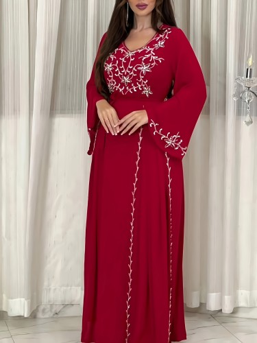 Plant Embroidered V Neck Abayas Dress, Elegant Tied Waist Long Sleeve Maxi Dress, Women's Clothing