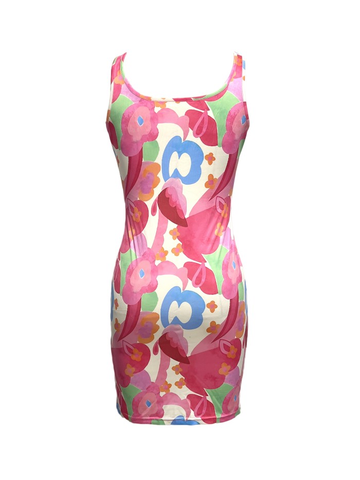 Floral Print Crew Neck Tank Dress, Sexy Sleeveless Bodycon Dress For Spring & Summer, Women's Clothing