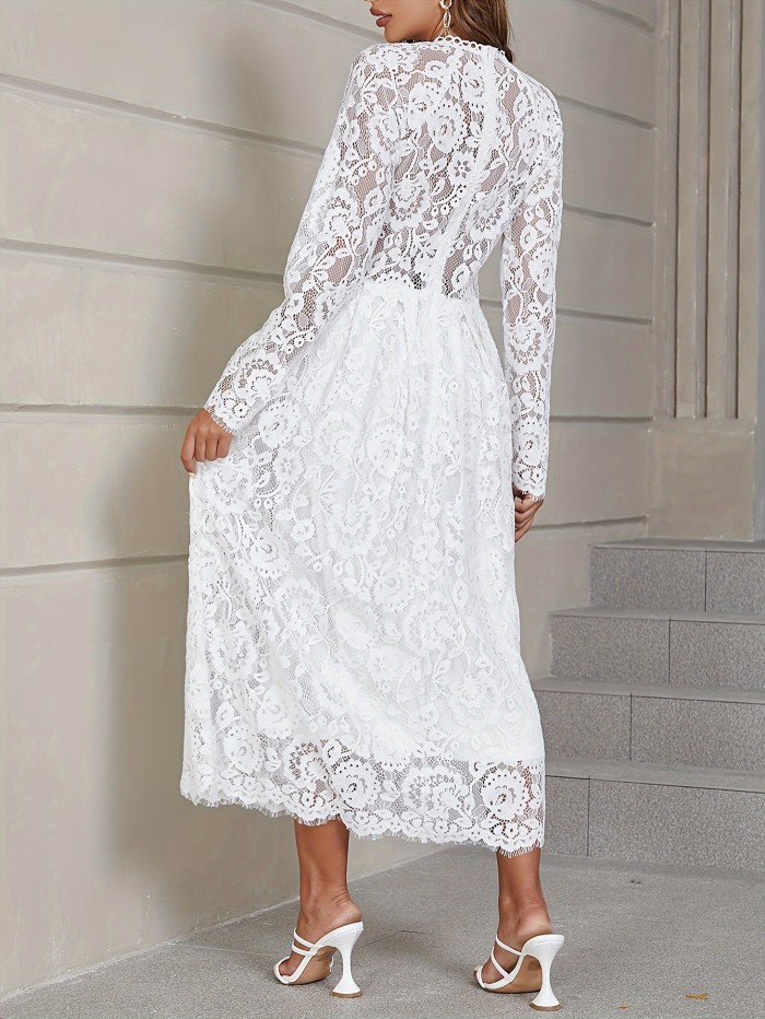 Lace Crochet Crew Neck Dress, Elegant Long Sleeve Dress For Spring & Fall, Women's Clothing