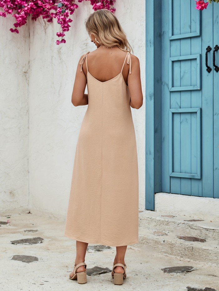 Solid Knot Strap Dress, Elegant Sleeveless Dress For Vacation, Women's Clothing