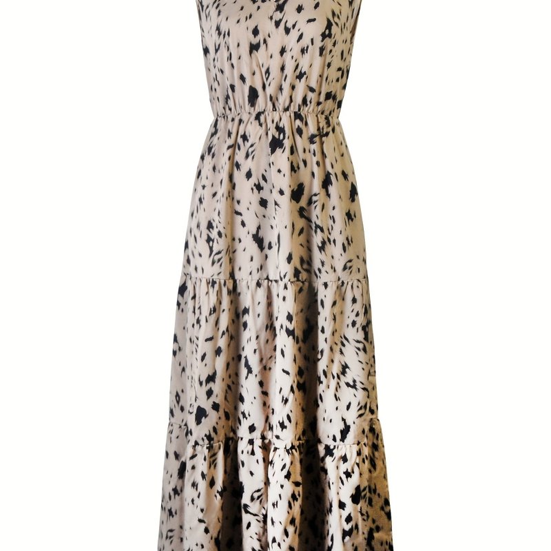 Allover Print Tiered Dress, Casual V Neck Sleeveless Maxi Dress, Women's Clothing