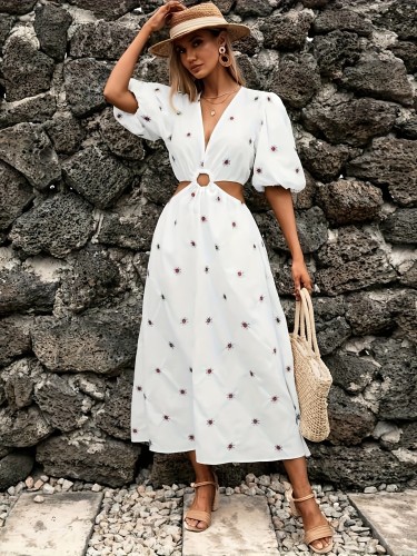 Floral Print Cut Out V Neck Dress, Elegant Puff Sleeve A-line Dress For Spring & Summer, Women's Clothing