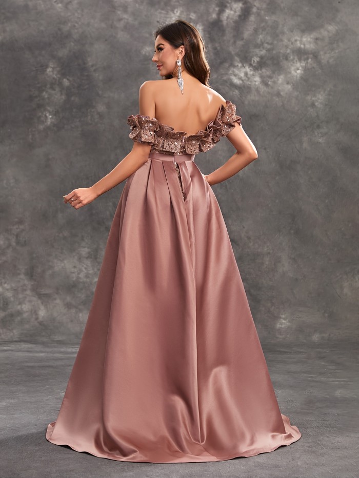 Solid Sequined Tube Bodycon Dress, Elegant Off Shoulder Ruffle Hem Cape Dress, Women's Clothing