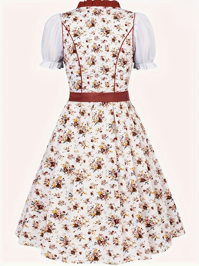 Floral Print Square Neck Dress, Vintage Puff Sleeve Tie Front Dress For Spring & Summer, Women's Clothing