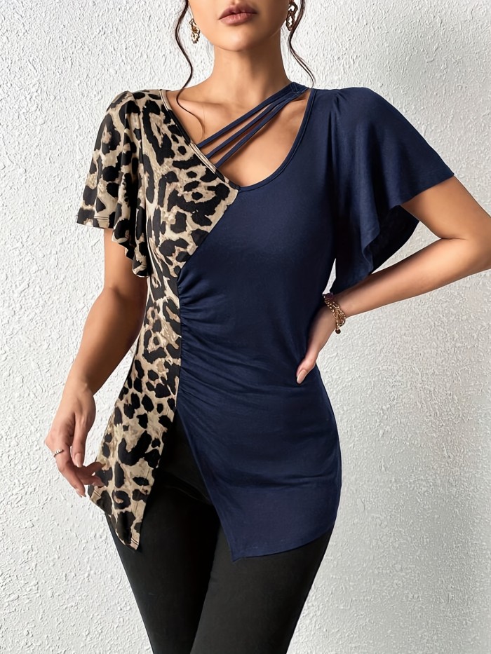 Leopard Print Ruched Slit Hem T-Shirt, Casual Short Sleeve Top For Spring & Summer, Women's Clothing