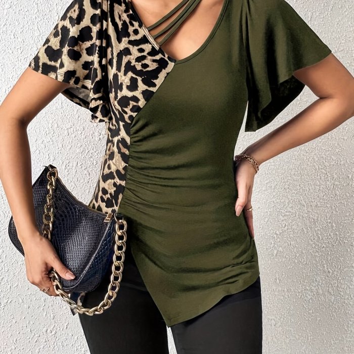Leopard Print Ruched Slit Hem T-Shirt, Casual Short Sleeve Top For Spring & Summer, Women's Clothing