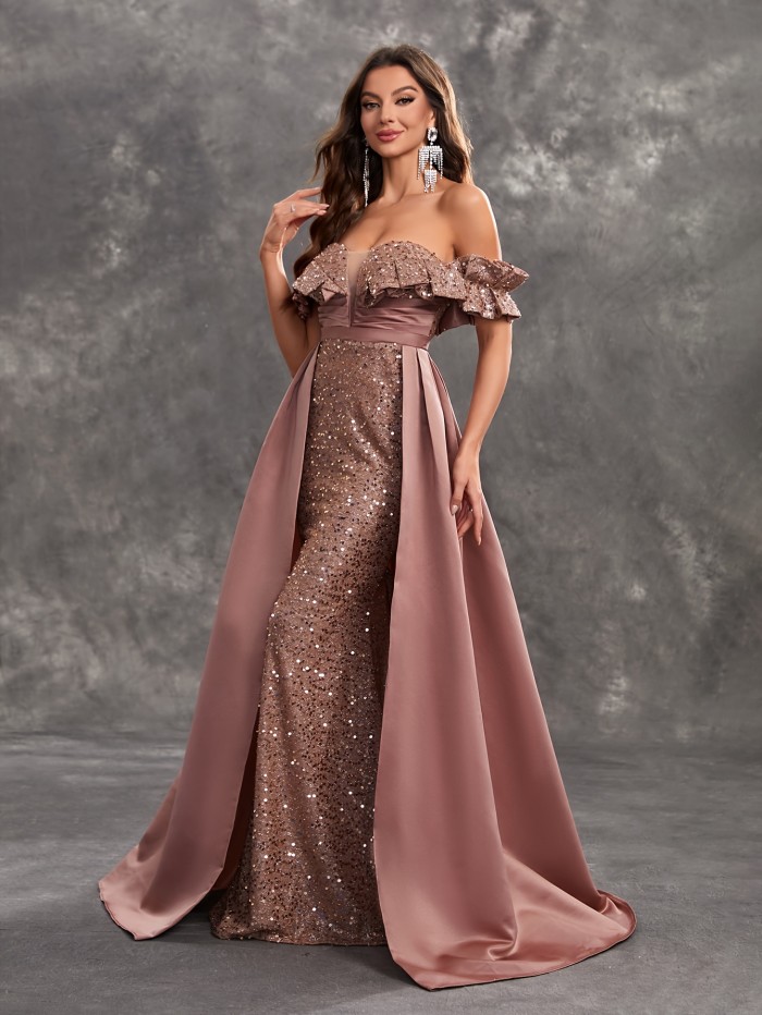 Solid Sequined Tube Bodycon Dress, Elegant Off Shoulder Ruffle Hem Cape Dress, Women's Clothing