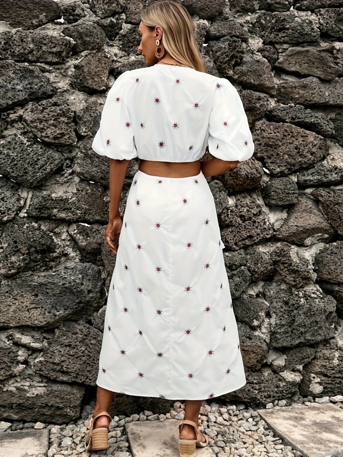 Floral Print Cut Out V Neck Dress, Elegant Puff Sleeve A-line Dress For Spring & Summer, Women's Clothing