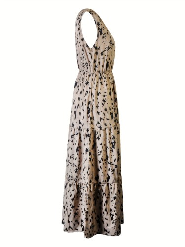 Allover Print Tiered Dress, Casual V Neck Sleeveless Maxi Dress, Women's Clothing