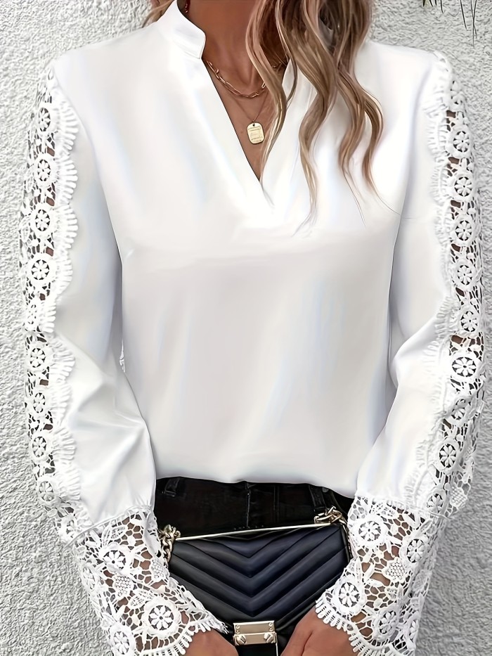 Solid Color Notched Neck Blouse, Elegant Long Sleeve Contrast Lace Blouse For Spring & Fall, Women's Clothing