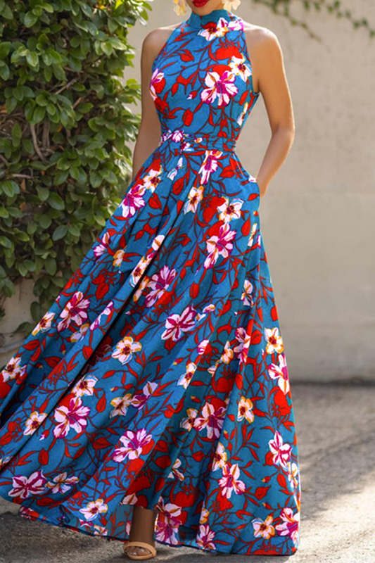 Elegant Floral Frenulum Halter Printed Dress Dresses
