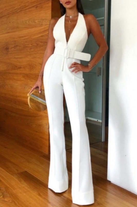 Casual Solid Backless With Belt Halter Skinny Jumpsuits