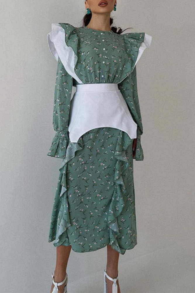 Elegant Floral Buttons Flounce O Neck Waist Skirt Dresses(Waistband)