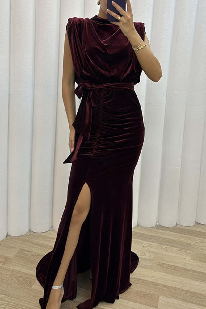 Elegant Solid Slit Asymmetrical O Neck Evening Dress Dresses
