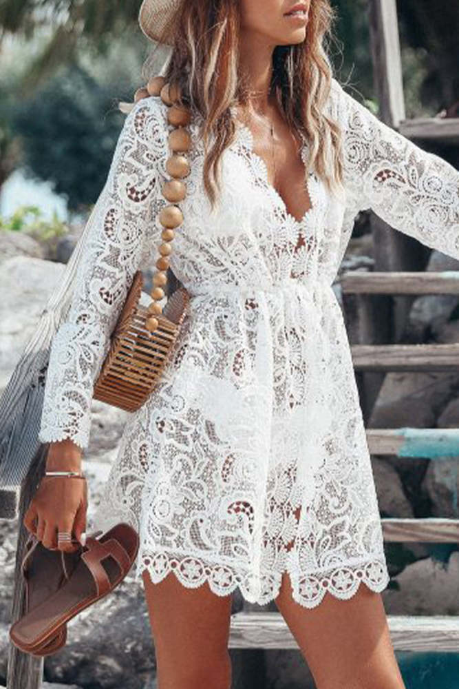 Sexy Vacation Solid Lace Hollowed Out See-through V Neck Beach Dress Dresses