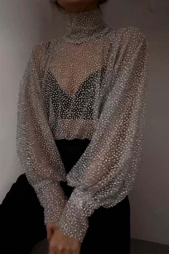 Sexy Solid See-through Sequined Turtleneck Tops