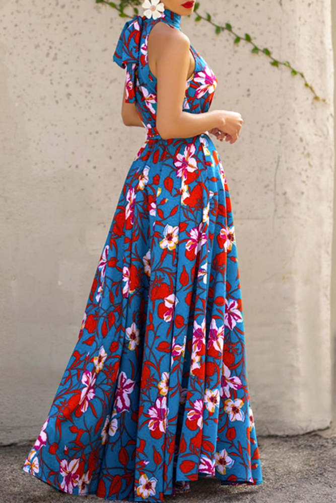 Elegant Floral Frenulum Halter Printed Dress Dresses