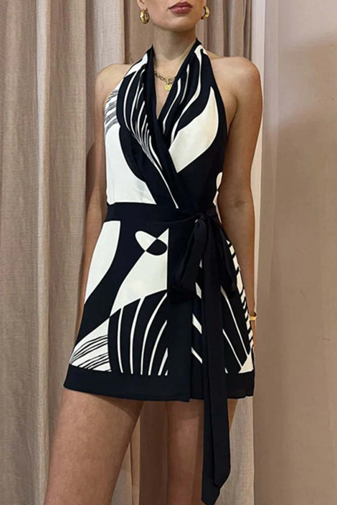Sexy Simplicity Geometric Print Bandage Backless Halter Sleeveless Dress Dresses