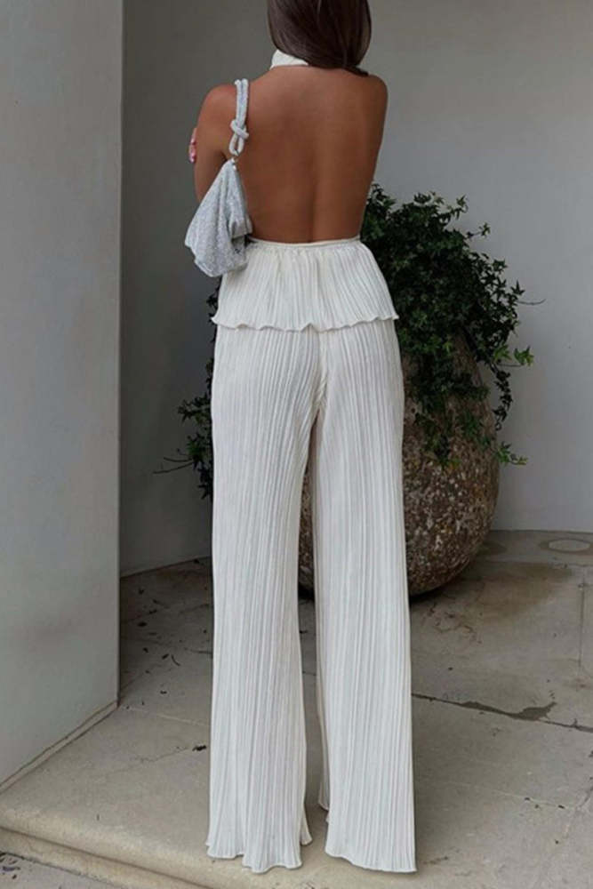 Elegant Solid Backless Fold Halter Sleeveless Two Pieces