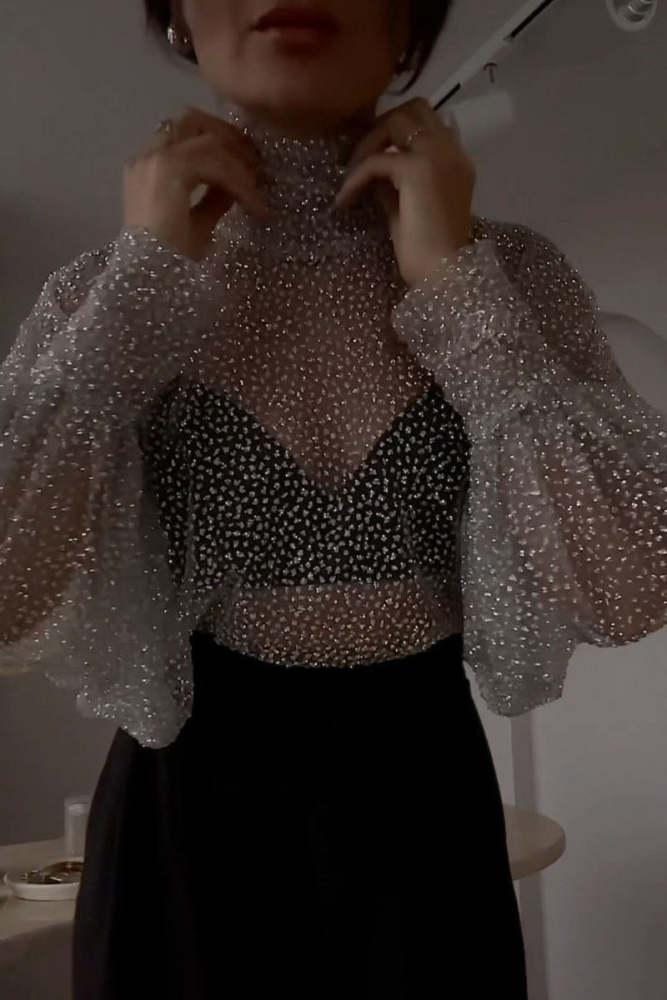 Sexy Solid See-through Sequined Turtleneck Tops