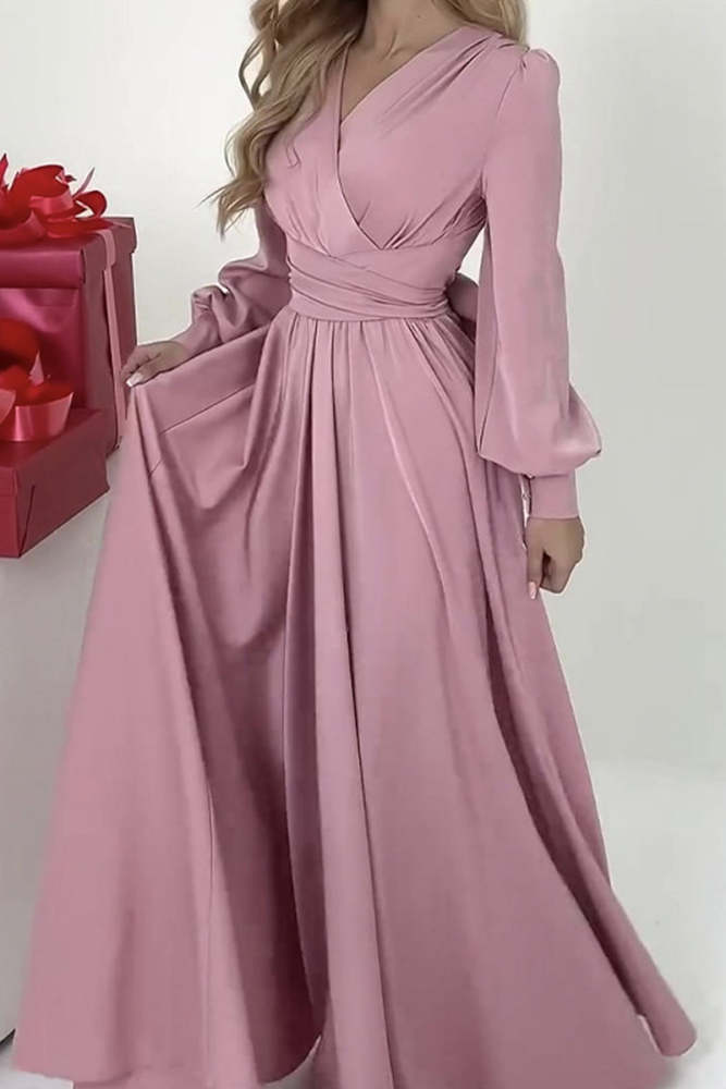 Elegant Solid Fold V Neck A Line Dresses