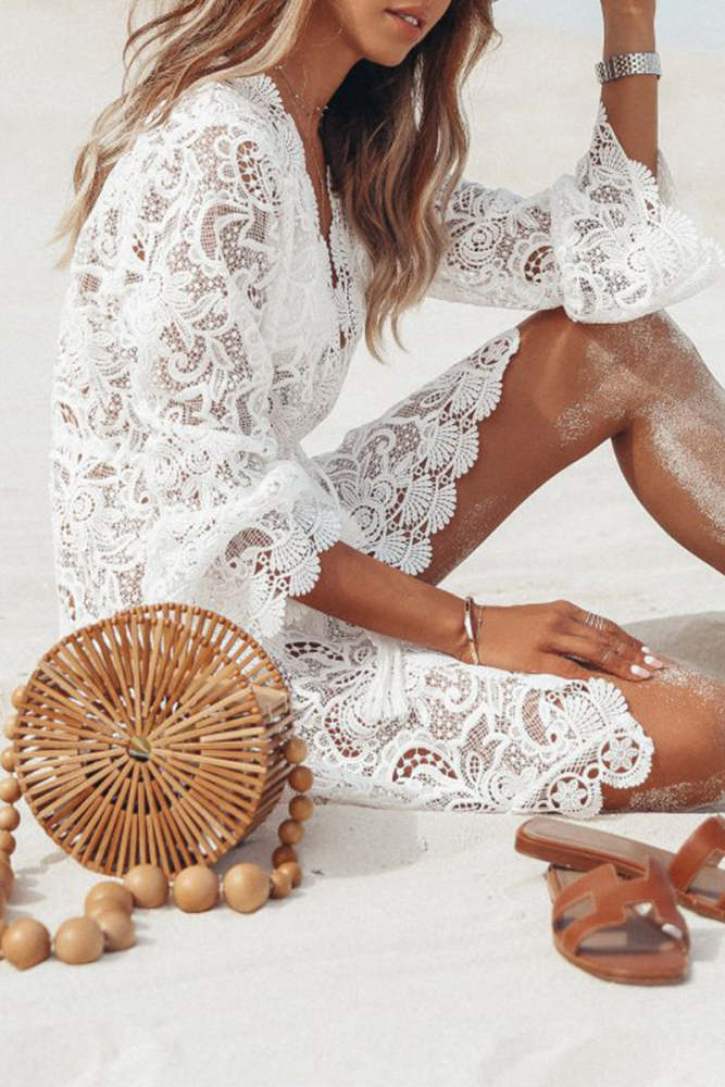 Sexy Vacation Solid Lace Hollowed Out See-through V Neck Beach Dress Dresses