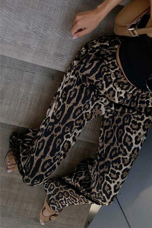 Casual Print Leopard Pocket Loose High Waist Wide Leg Full Print Bottoms