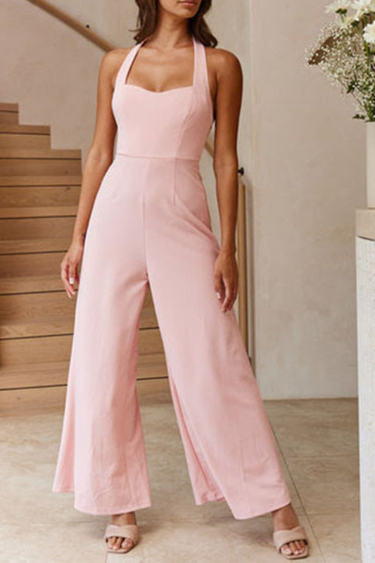Casual Solid Patchwork Halter Loose Jumpsuits