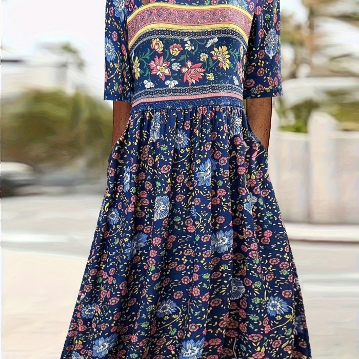 Plus Size Boho Dress, Women's Plus Colorblock Floral Print Short Sleeve Round Neck Medium Stretch Maxi Dress With Pockets