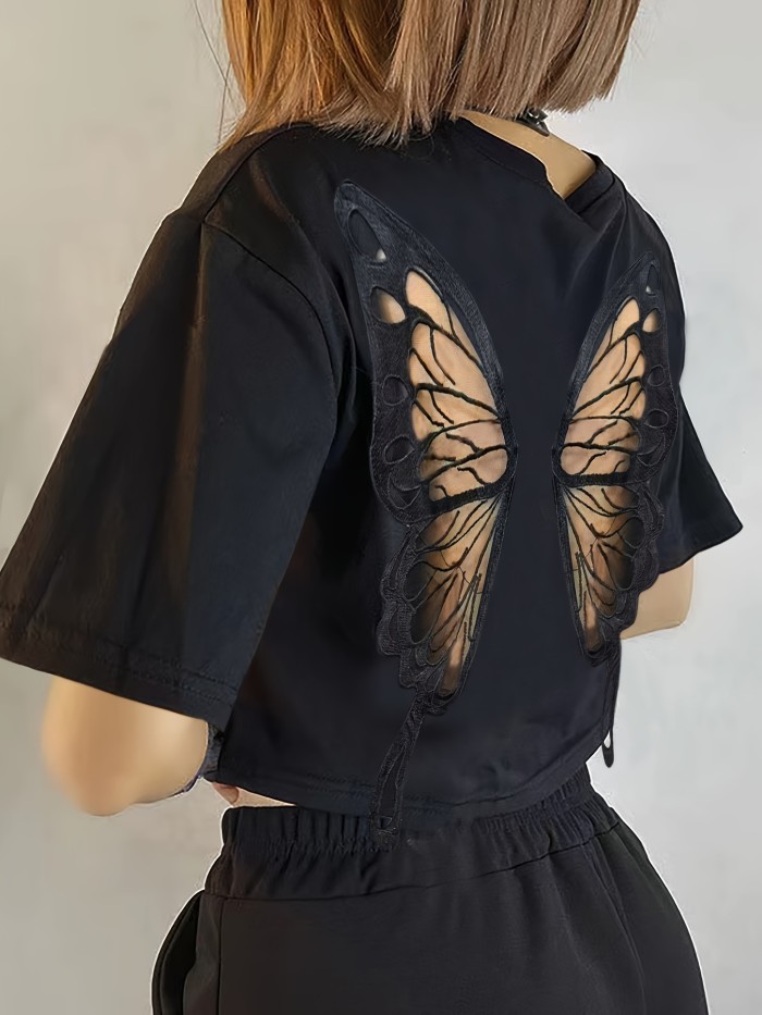 Butterfly Mesh Insert Crop T-shirt, Y2K Short Sleeve Crew Neck T-shirt For Spring & Sumemr, Women's Clothing