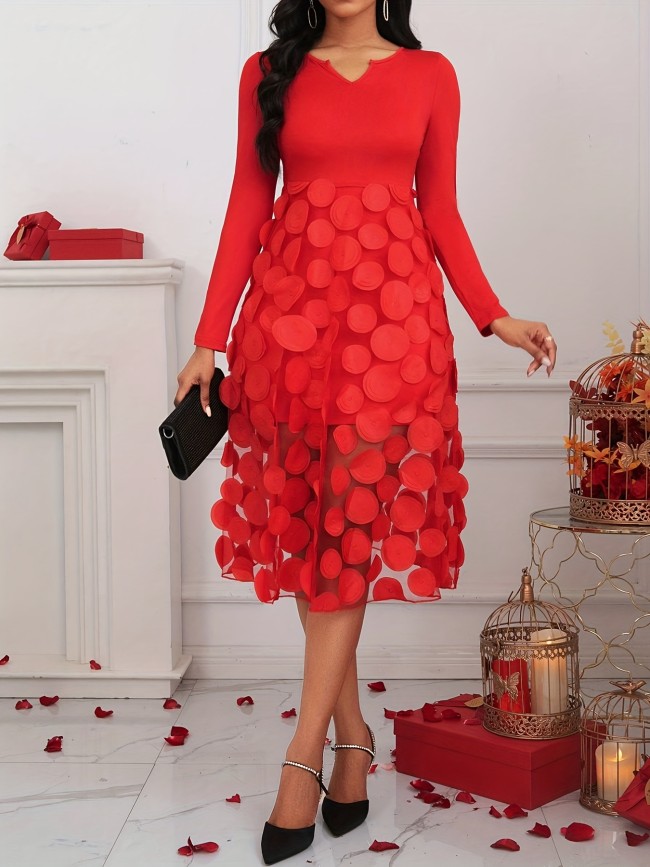 Floral Applique Mesh Dress, Elegant Long Sleeve Dress For Spring & Fall, Women's Clothing