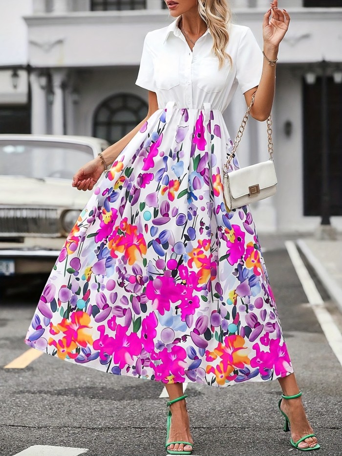 Floral Print Aline Dress, Elegant Short Sleeve Pockets Button Front Dress For Spring & Summer, Women's Clothing
