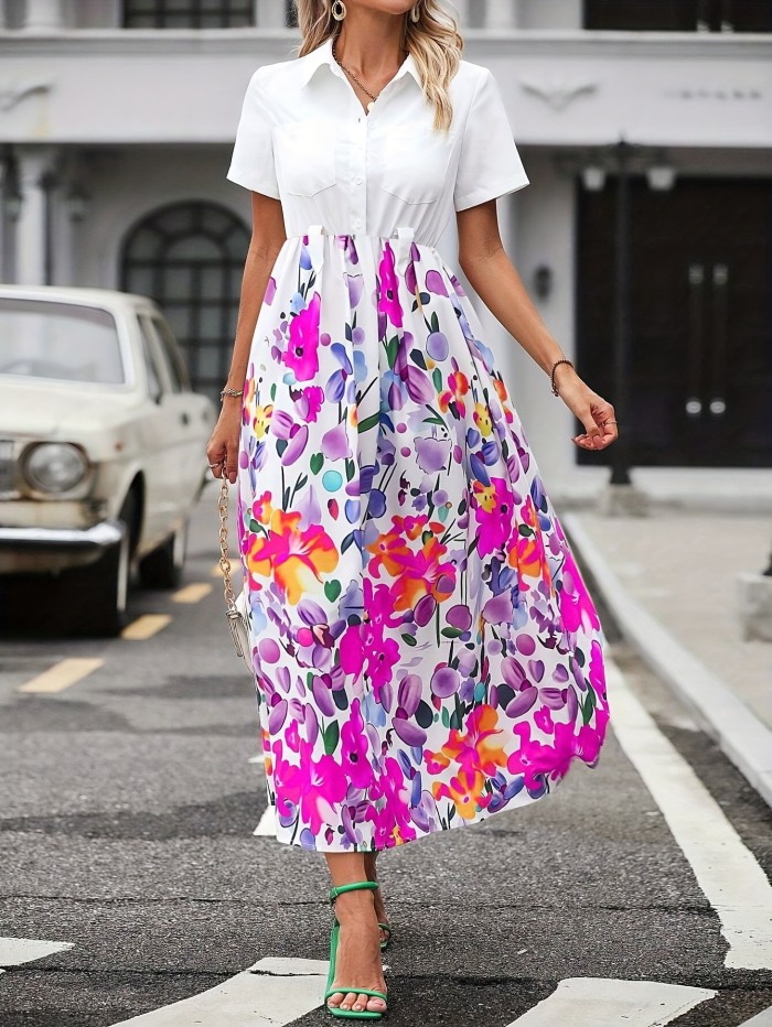 Floral Print Aline Dress, Elegant Short Sleeve Pockets Button Front Dress For Spring & Summer, Women's Clothing