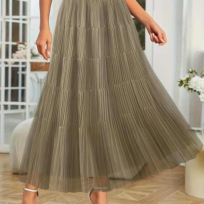 Ruffle Hem High-rise Skirt, Elegant Ruched Double Layered Mesh Skirt, Women's Clothing