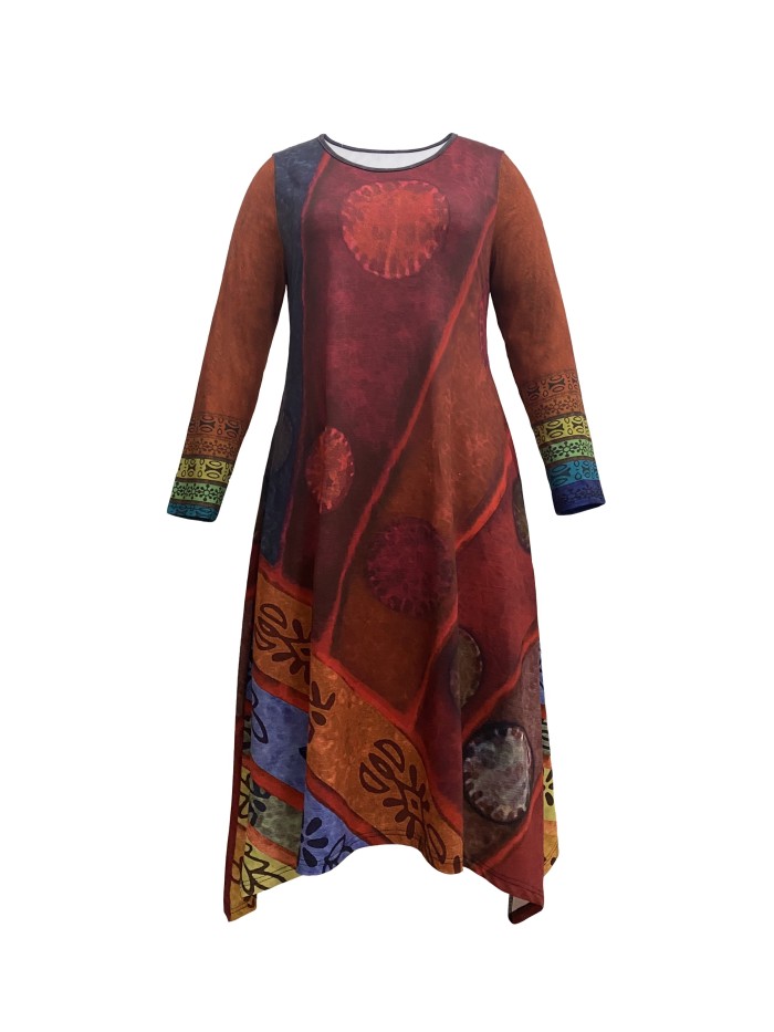 Plus Size Boho Dress, Women's Plus Colorblock Graphic Print Long Sleeve Round Neck Medium Stretch Dress