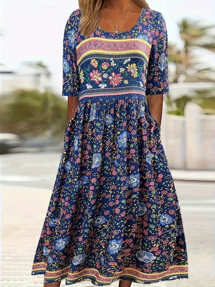 Plus Size Boho Dress, Women's Plus Colorblock Floral Print Short Sleeve Round Neck Medium Stretch Maxi Dress With Pockets