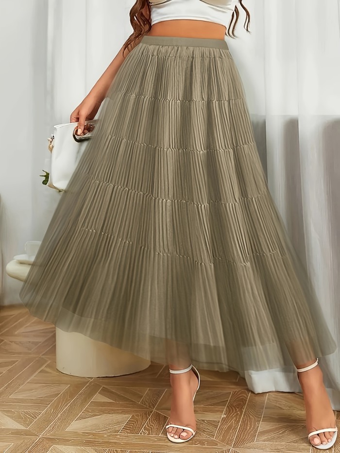 Ruffle Hem High-rise Skirt, Elegant Ruched Double Layered Mesh Skirt, Women's Clothing