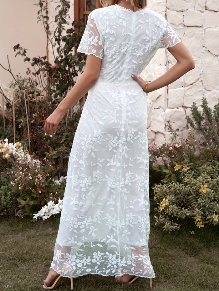 Floral Pattern V-neck Dress, Elegant Short Sleeve Slim Maxi Dress For Spring & Summer, Women's Clothing