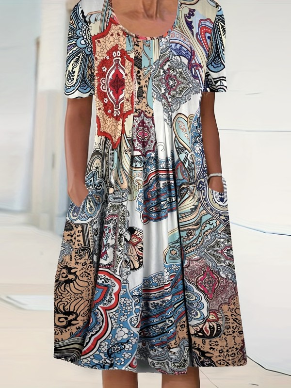Plus Size Boho Dress, Women's Plus Floral Print Short Sleeve Round Neck Dress With Pockets
