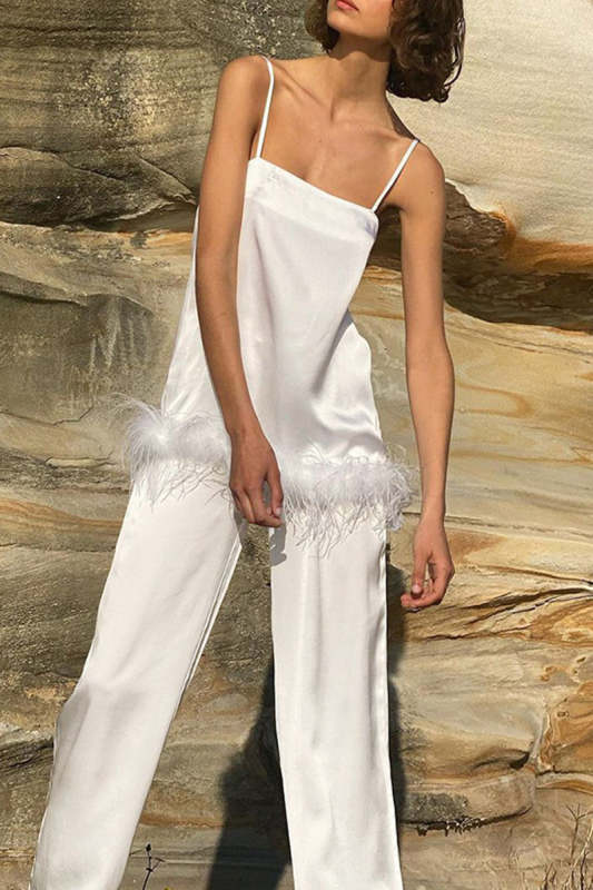 Sexy Solid Feathers Strapless Sleeveless Two Pieces