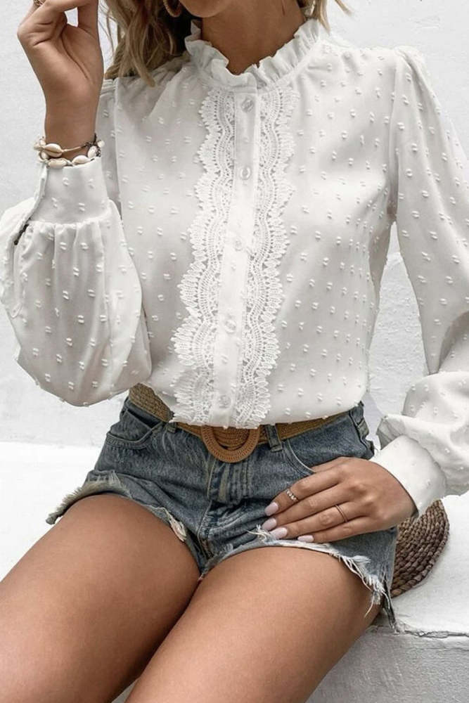 Elegant Solid Lace Mandarin Collar Tops