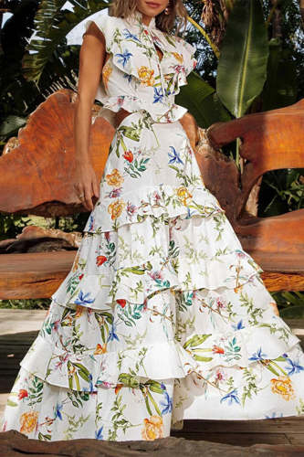Elegant Floral Flounce Turtleneck Printed Dress Dresses