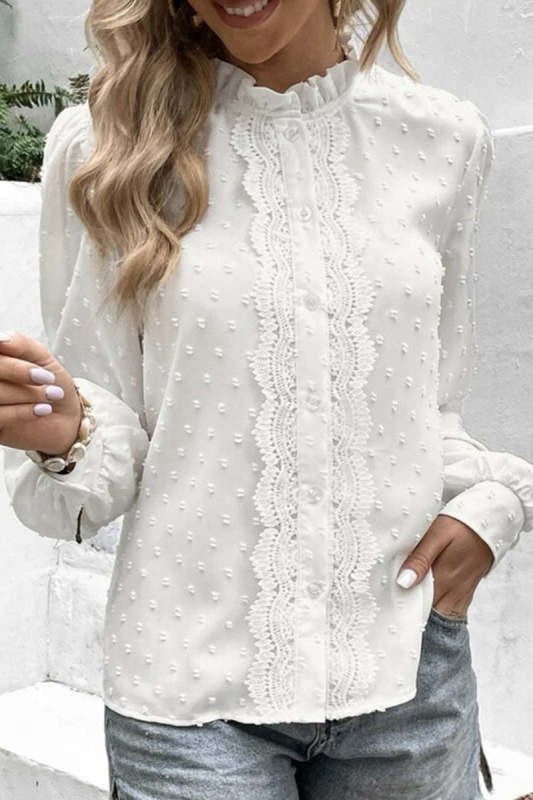 Elegant Solid Lace Mandarin Collar Tops