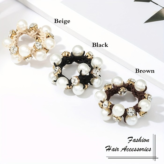 3pcs Retro Style Faux Pearl Hair Tie with Glitter Rhinestone Decor - Ponytail Holder for Women and Girls