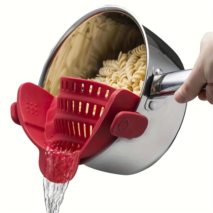 1pc, Adjustable Silicone Clip On Pot Strainer - Handheld Drainer for Pots, Pans, Bowls - Fruit Washing Filter for Noodles, Pasta, Veggies - Food Strainer and Colander with Clip - Kitchen Tool for Easy Straining